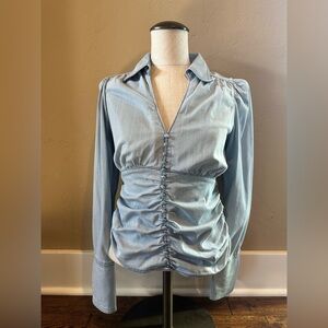 Ruched waist denim shirt.